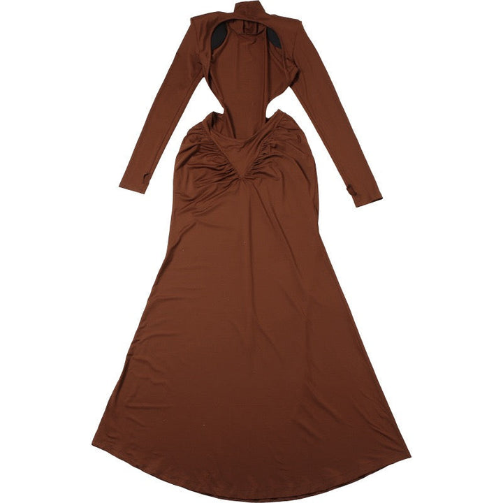 Elegant maxi turtleneck dress with ruching and open back design - DALIA