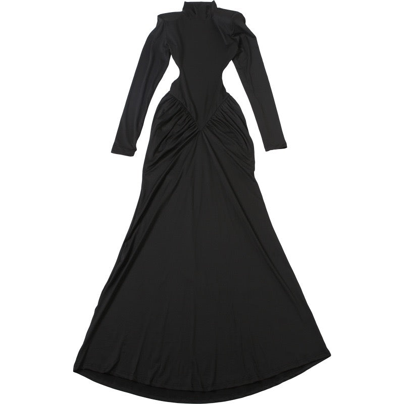 Elegant maxi turtleneck dress with ruching and open back design - DALIA