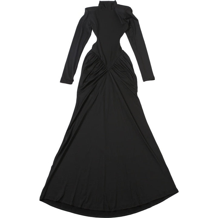 Elegant maxi turtleneck dress with ruching and open back design - DALIA