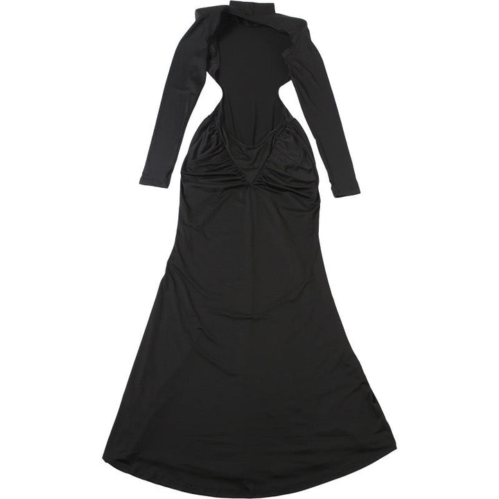 Elegant maxi turtleneck dress with ruching and open back design - DALIA
