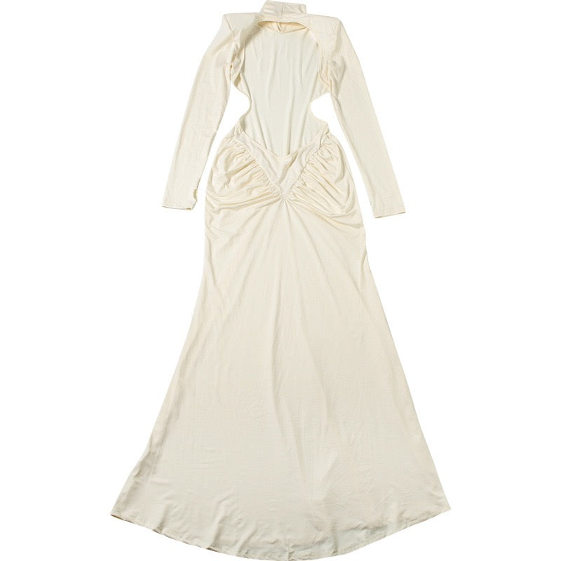 Elegant maxi turtleneck dress with ruching and open back design - DALIA