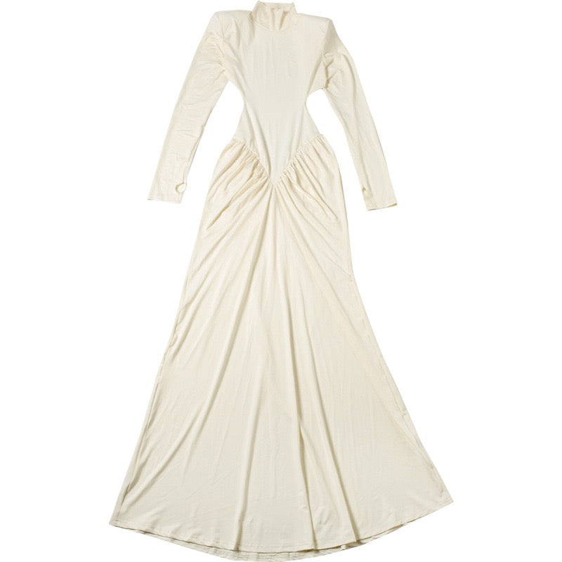 Elegant maxi turtleneck dress with ruching and open back design - DALIA
