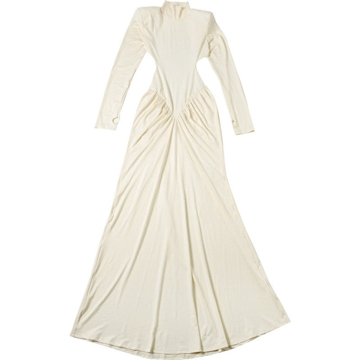 Elegant maxi turtleneck dress with ruching and open back design - DALIA