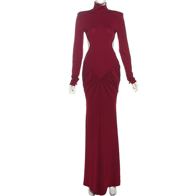 Elegant maxi turtleneck dress with ruching and open back design - DALIA