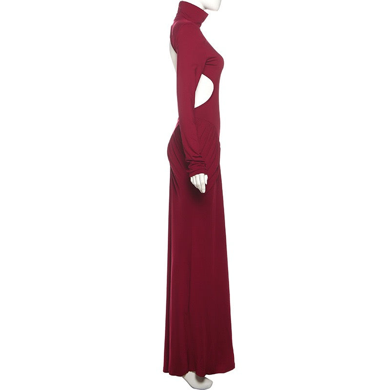 Elegant maxi turtleneck dress with ruching and open back design - DALIA