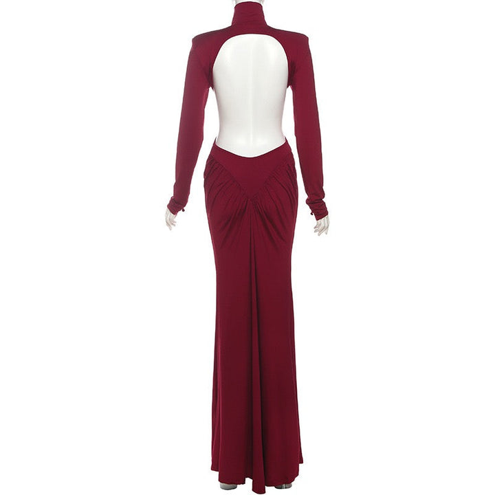 Elegant maxi turtleneck dress with ruching and open back design - DALIA