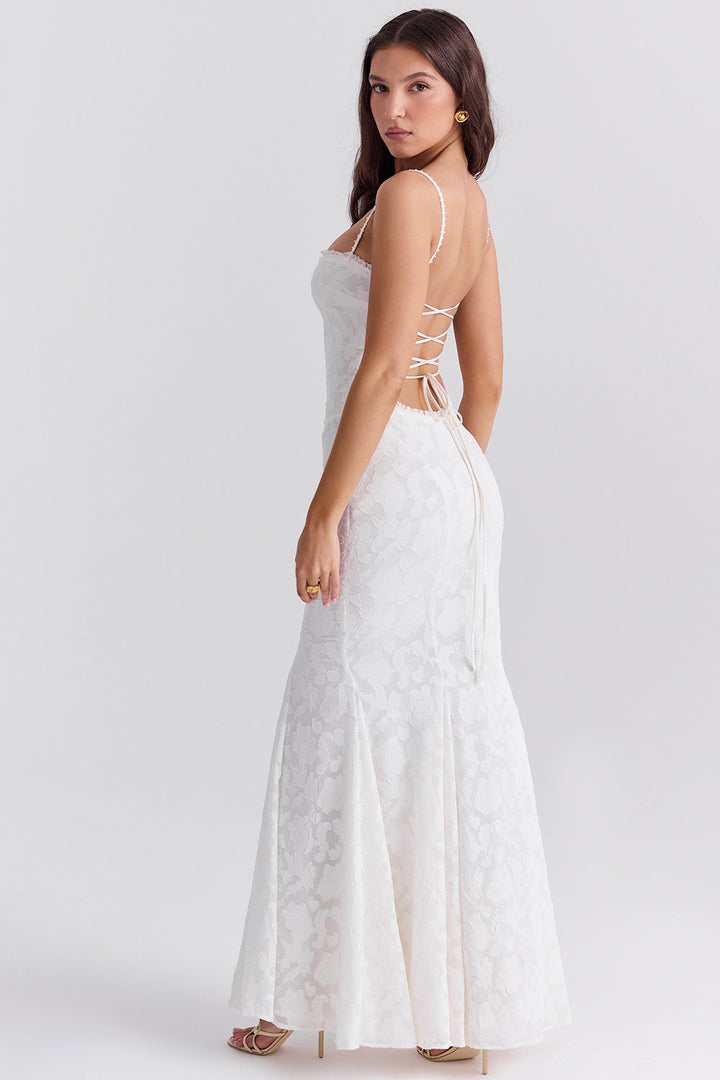 Maxi Chiffon Dress with Leaf Embroidery, Back Tie for Waist Fit - Mona Liz