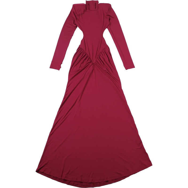 Elegant maxi turtleneck dress with ruching and open back design - DALIA