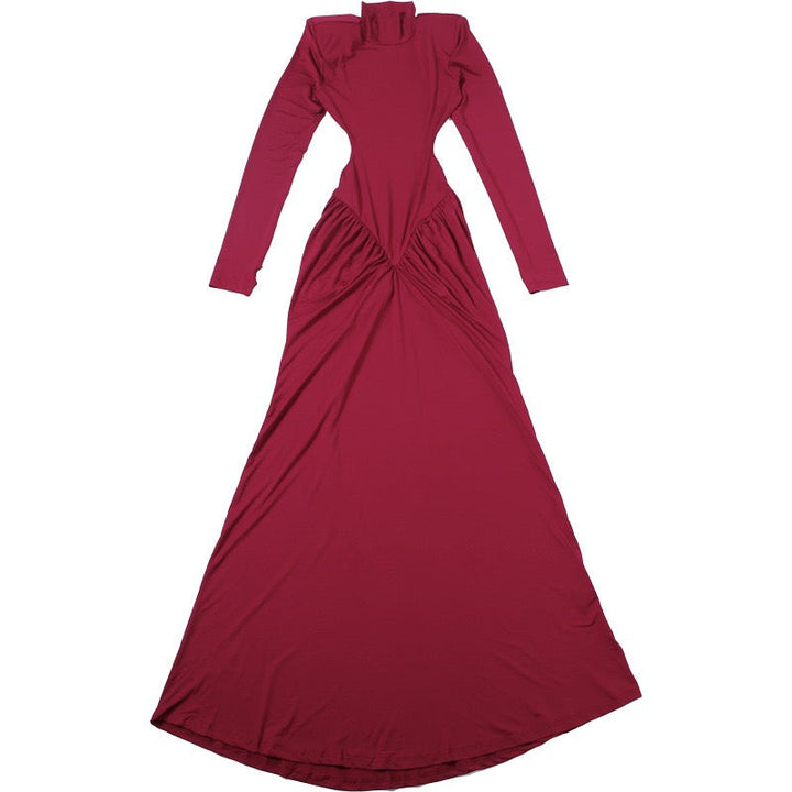 Elegant maxi turtleneck dress with ruching and open back design - DALIA
