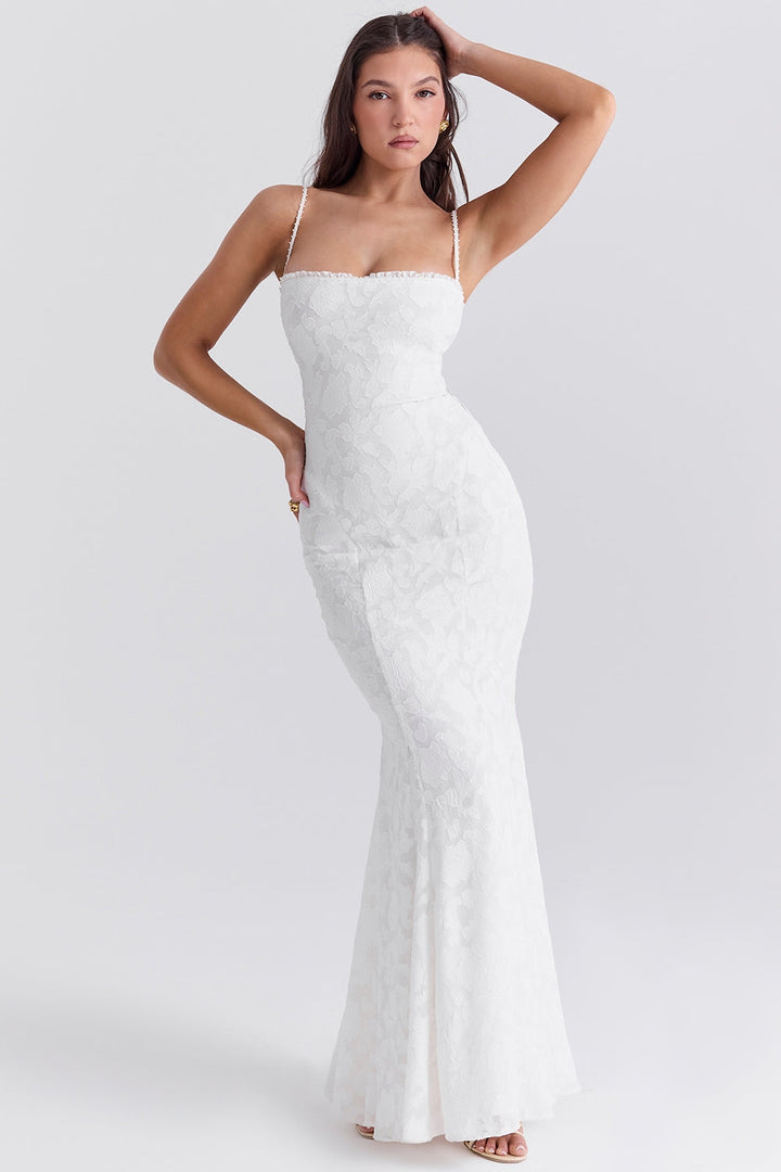 Maxi Chiffon Dress with Leaf Embroidery, Back Tie for Waist Fit - Mona Liz