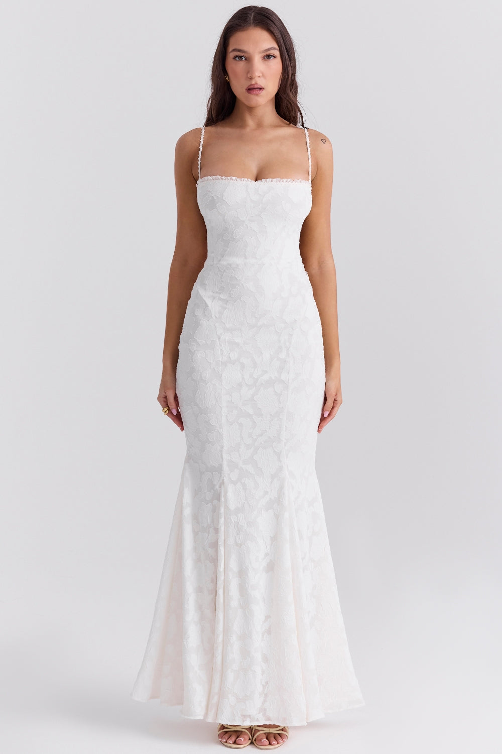 Maxi Chiffon Dress with Leaf Embroidery, Back Tie for Waist Fit - Mona Liz