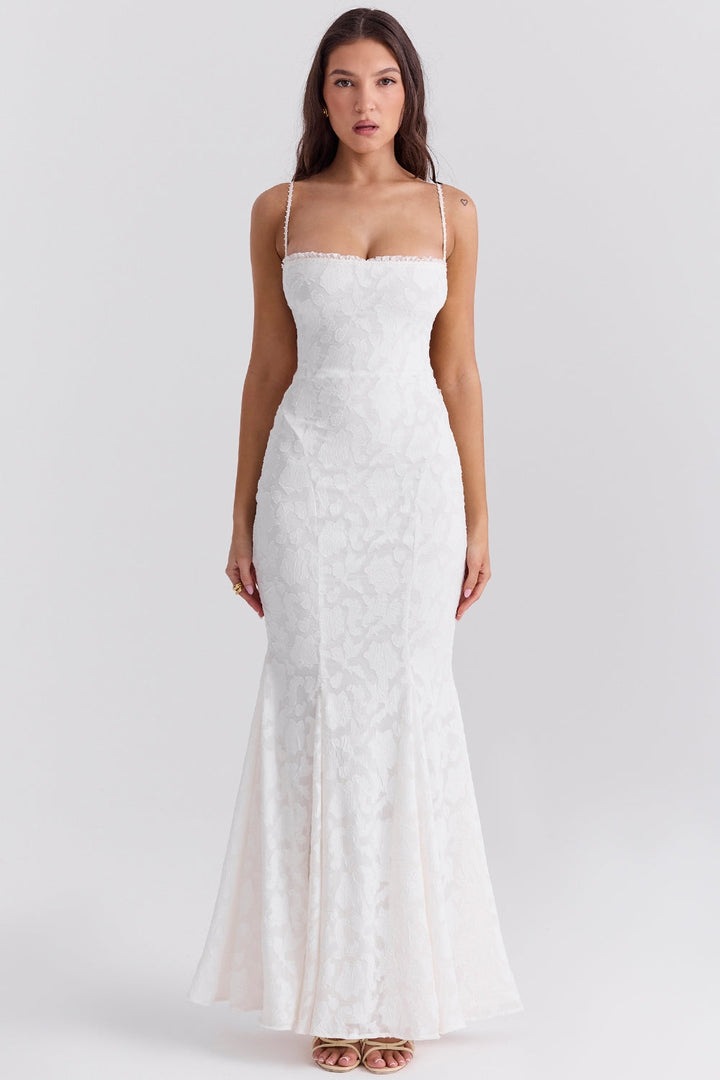Maxi Chiffon Dress with Leaf Embroidery, Back Tie for Waist Fit - Mona Liz
