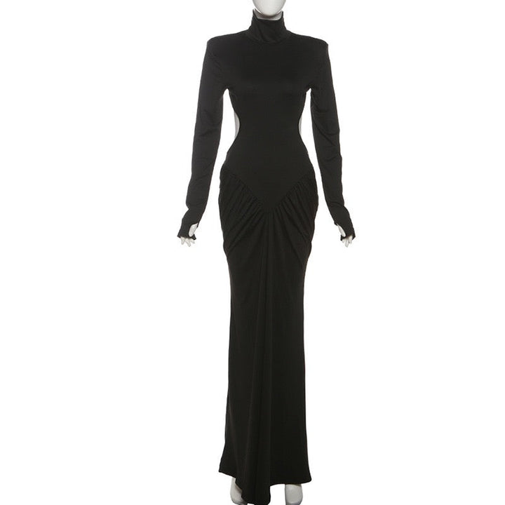 Elegant maxi turtleneck dress with ruching and open back design - DALIA