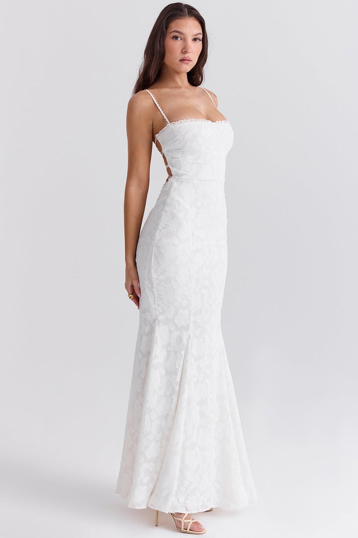 Maxi Chiffon Dress with Leaf Embroidery, Back Tie for Waist Fit - Mona Liz
