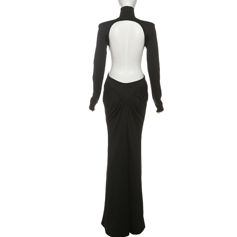 Elegant maxi turtleneck dress with ruching and open back design - DALIA
