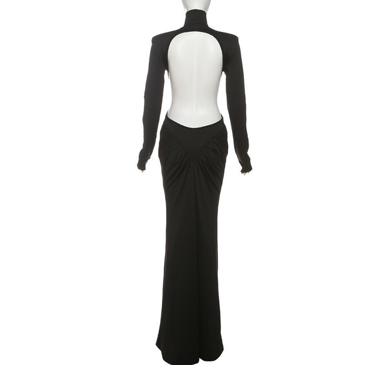 Elegant maxi turtleneck dress with ruching and open back design - DALIA