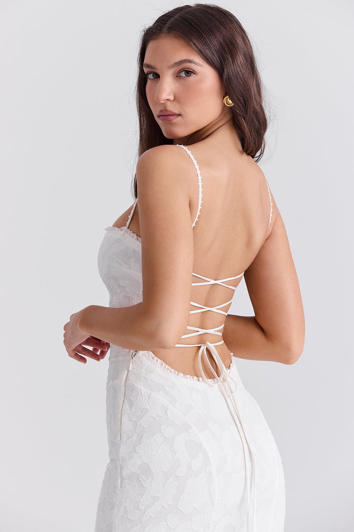 Maxi Chiffon Dress with Leaf Embroidery, Back Tie for Waist Fit - Mona Liz