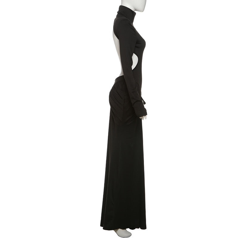 Elegant maxi turtleneck dress with ruching and open back design - DALIA