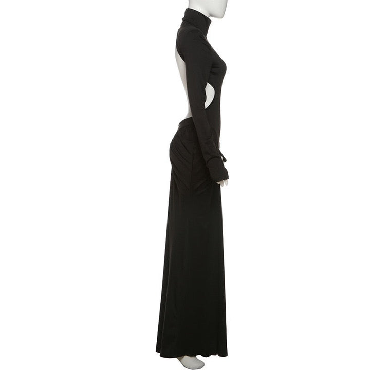 Elegant maxi turtleneck dress with ruching and open back design - DALIA