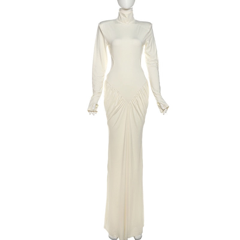 Elegant maxi turtleneck dress with ruching and open back design - DALIA