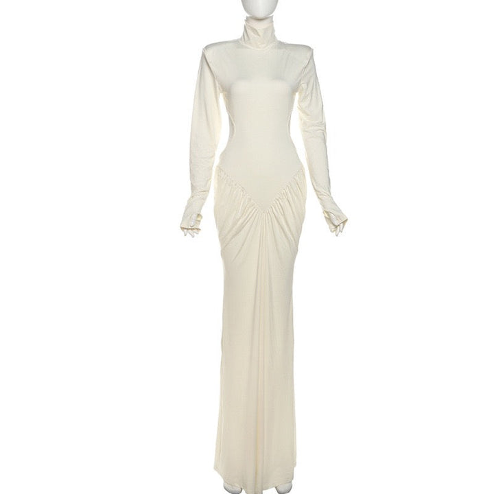 Elegant maxi turtleneck dress with ruching and open back design - DALIA