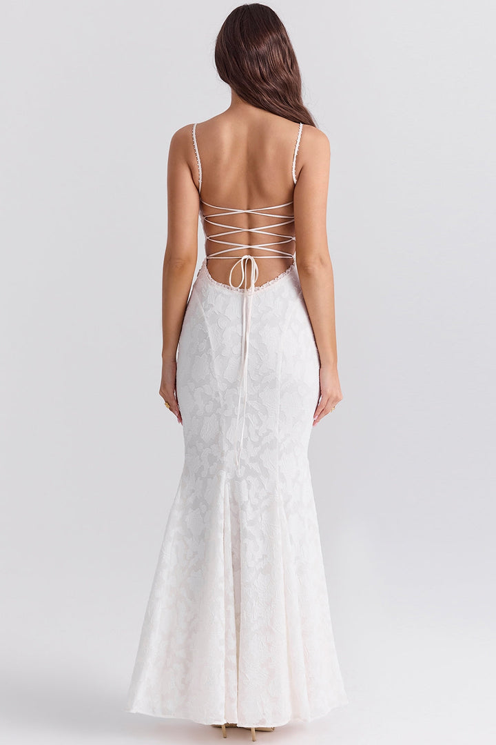 Maxi Chiffon Dress with Leaf Embroidery, Back Tie for Waist Fit - Mona Liz