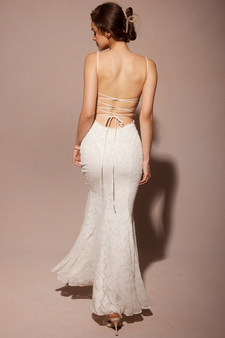 Maxi Chiffon Dress with Leaf Embroidery, Back Tie for Waist Fit - Mona Liz