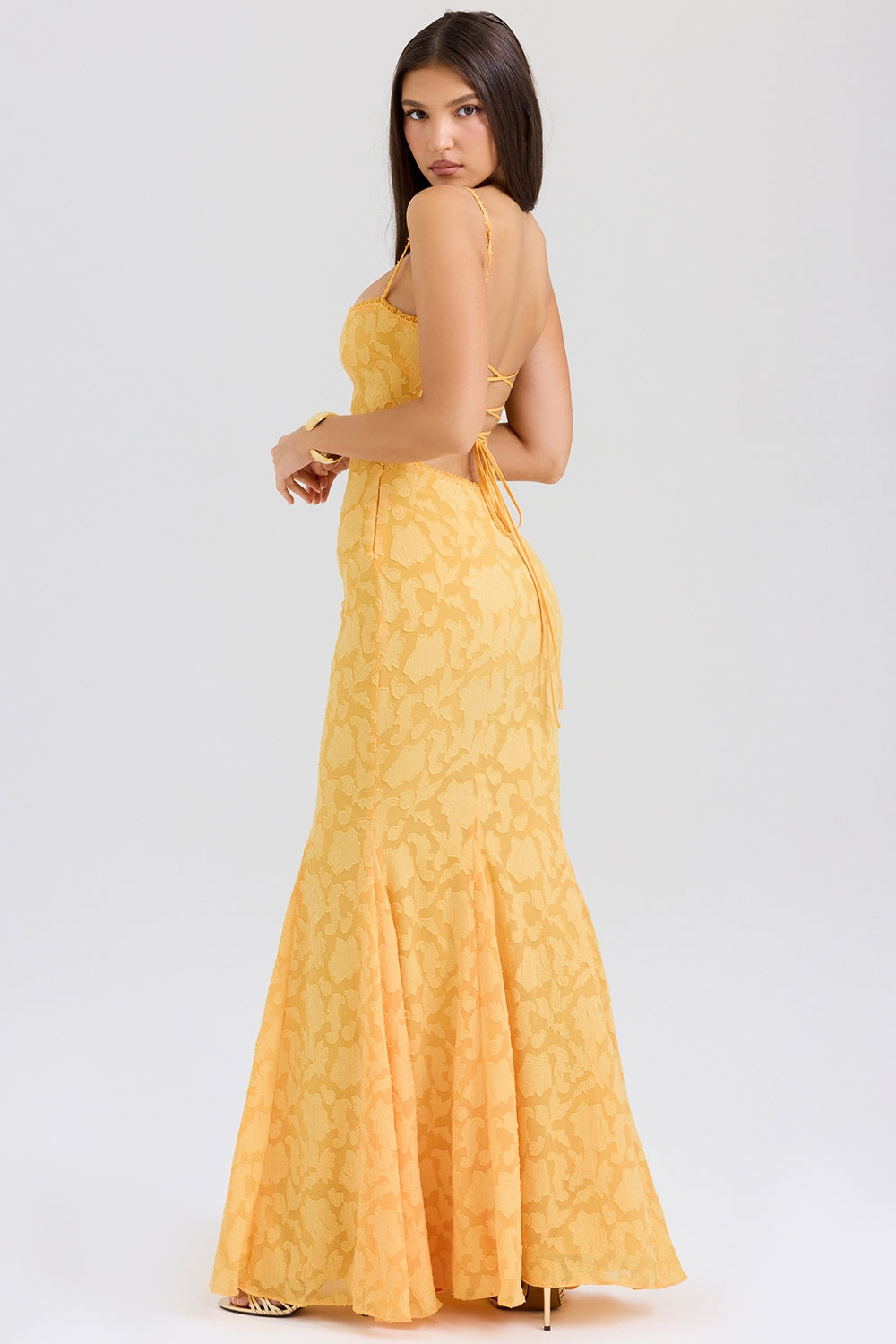 Maxi Chiffon Dress with Leaf Embroidery, Back Tie for Waist Fit - Mona Liz