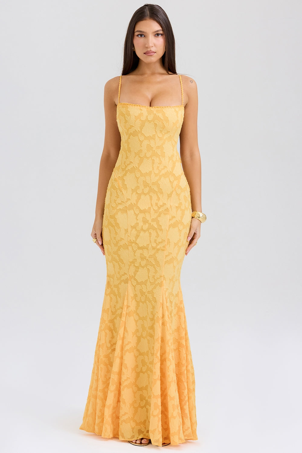 Maxi Chiffon Dress with Leaf Embroidery, Back Tie for Waist Fit - Mona Liz