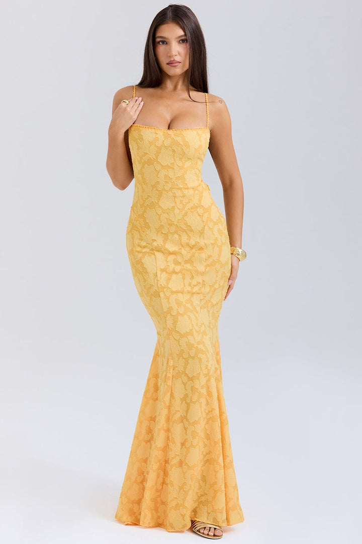 Maxi Chiffon Dress with Leaf Embroidery, Back Tie for Waist Fit - Mona Liz