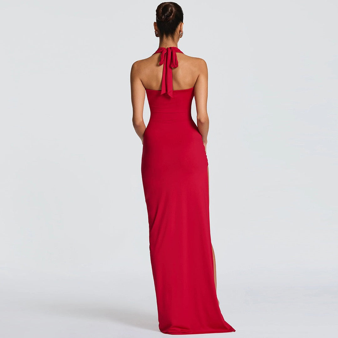 Maxi dress with back tie, open back, slit and ruching design - FANNY