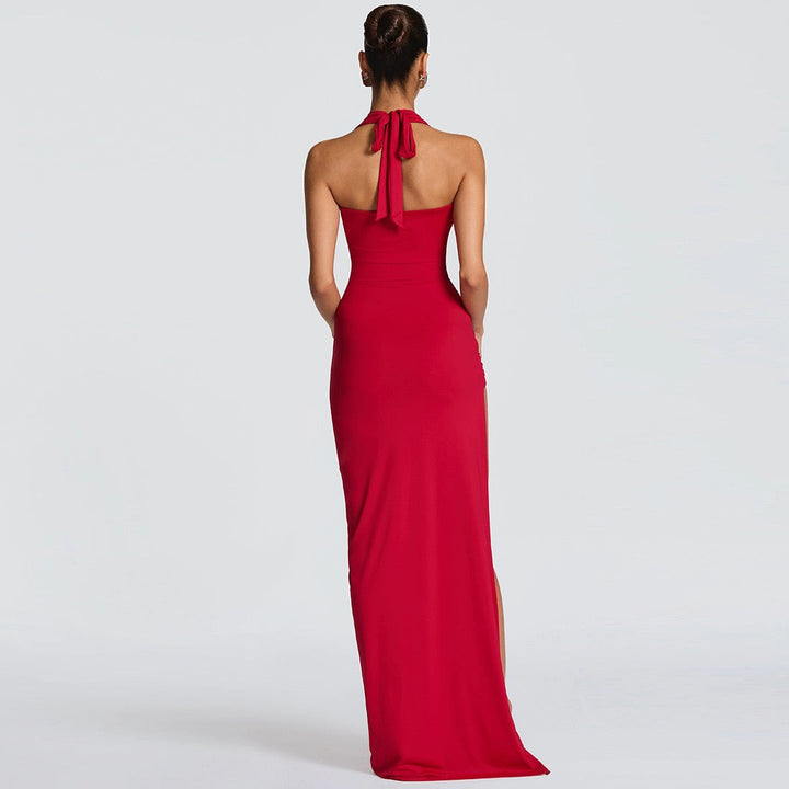 Maxi dress with back tie, open back, slit and ruching design - FANNY