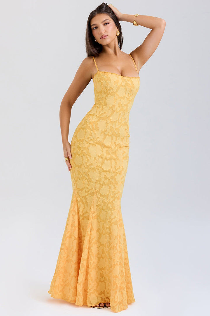 Maxi Chiffon Dress with Leaf Embroidery, Back Tie for Waist Fit - Mona Liz