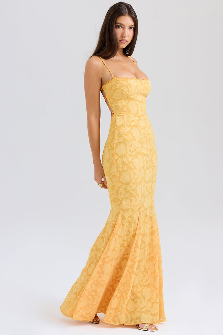 Maxi Chiffon Dress with Leaf Embroidery, Back Tie for Waist Fit - Mona Liz