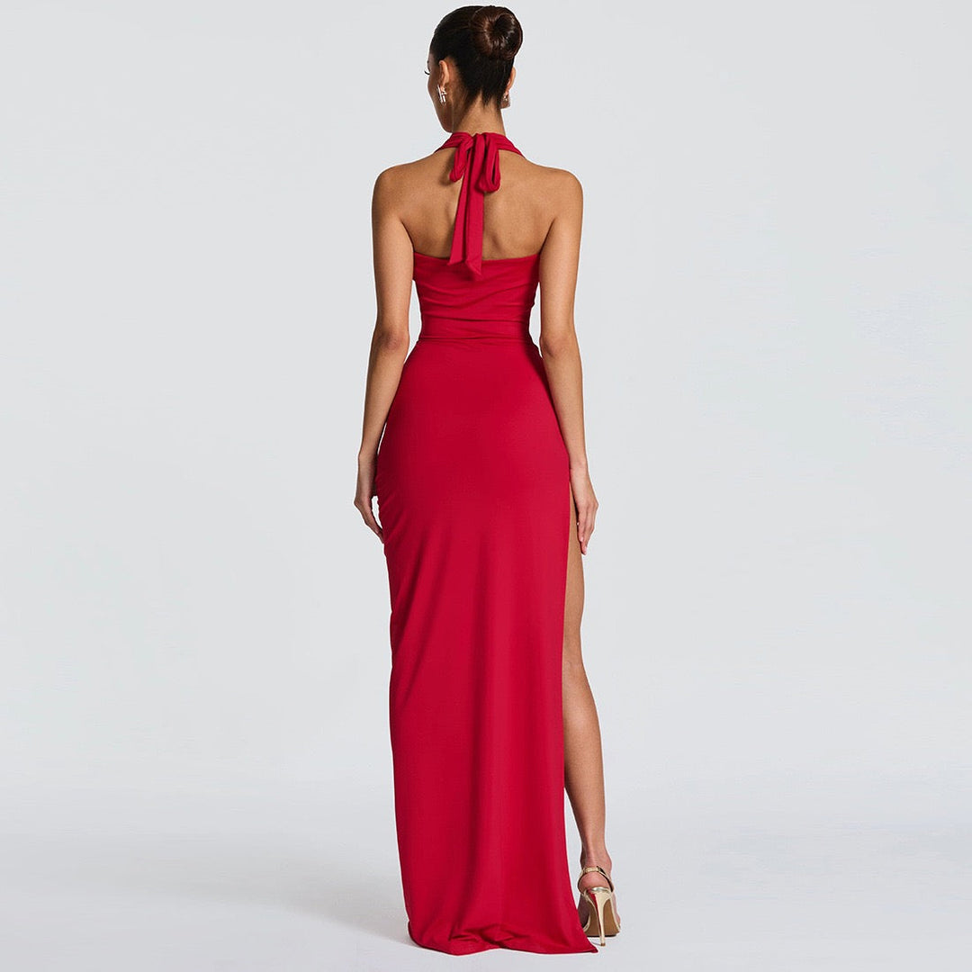Maxi dress with back tie, open back, slit and ruching design - FANNY