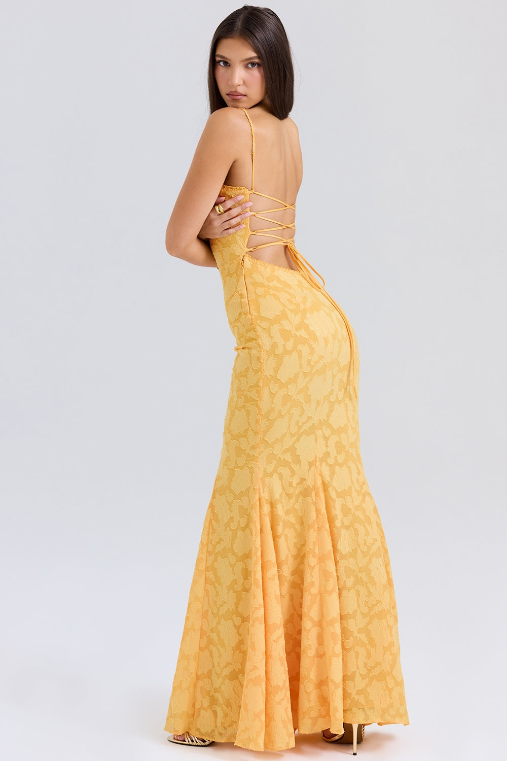 Maxi Chiffon Dress with Leaf Embroidery, Back Tie for Waist Fit - Mona Liz
