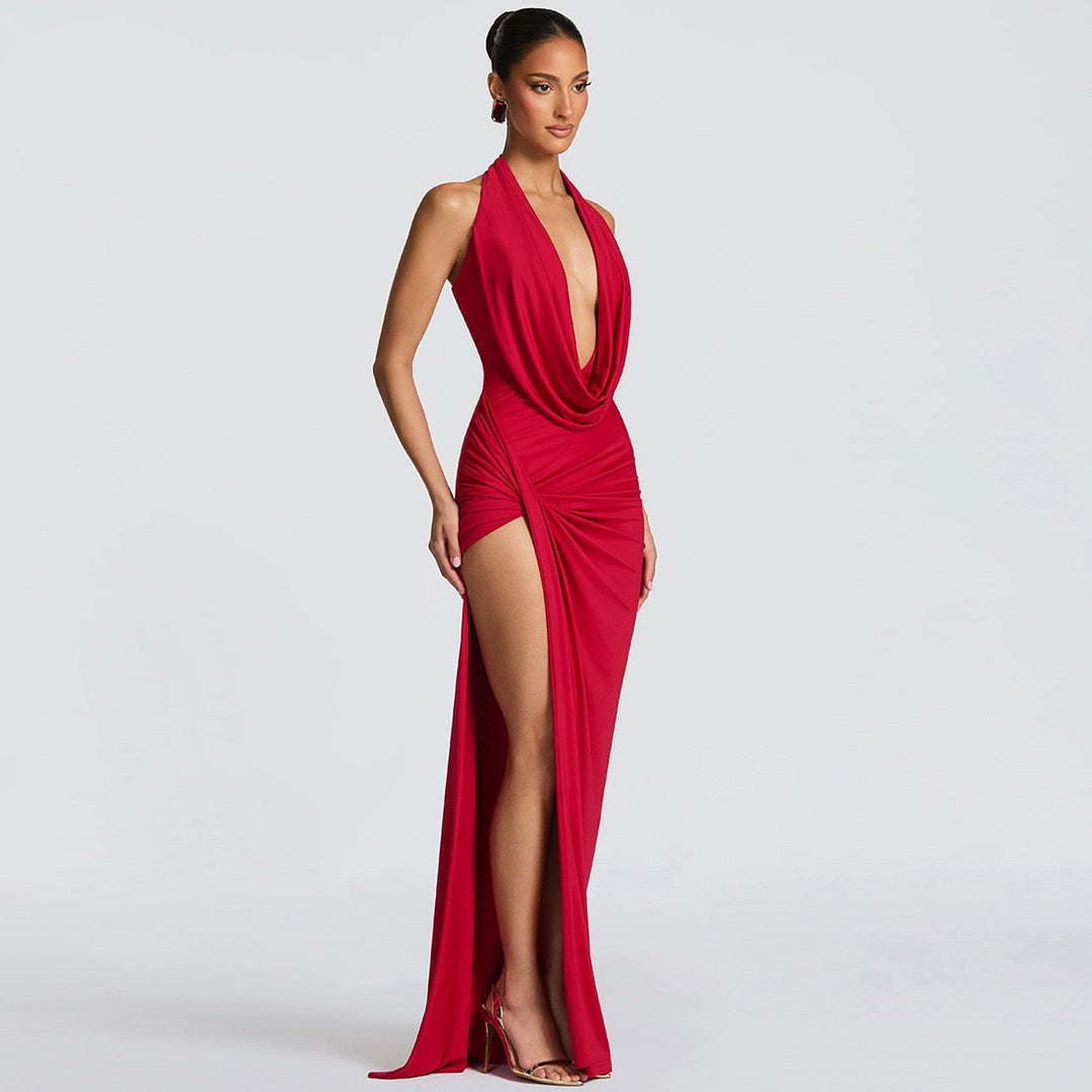 Maxi dress with back tie, open back, slit and ruching design - FANNY