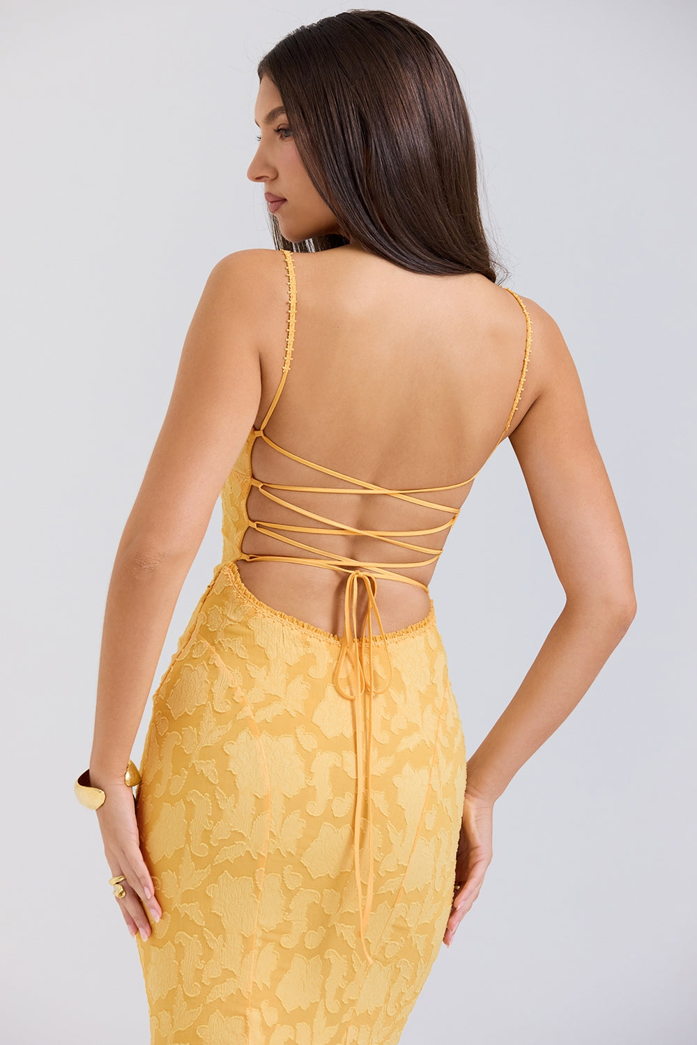 Maxi Chiffon Dress with Leaf Embroidery, Back Tie for Waist Fit - Mona Liz