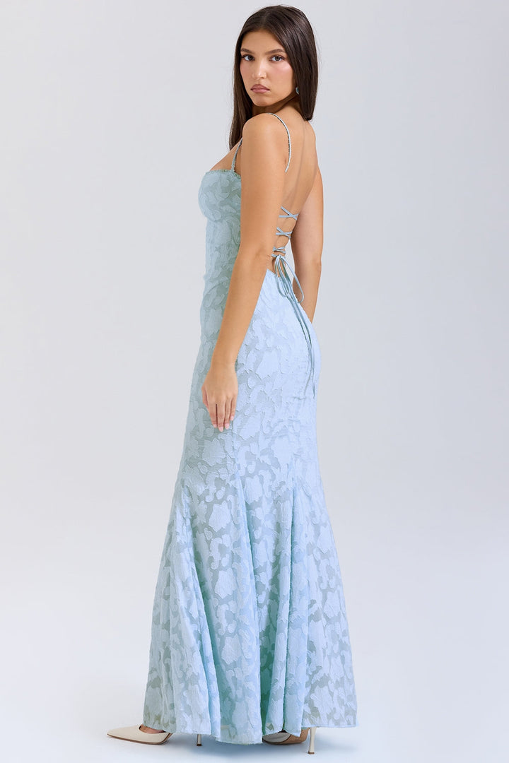 Maxi Chiffon Dress with Leaf Embroidery, Back Tie for Waist Fit - Mona Liz