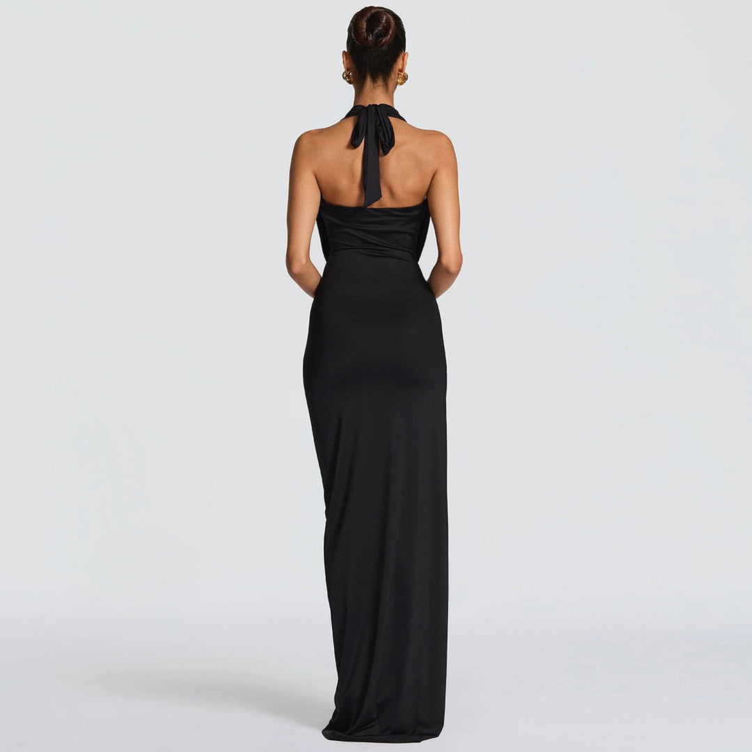 Maxi dress with back tie, open back, slit and ruching design - FANNY