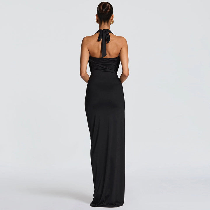 Maxi dress with back tie, open back, slit and ruching design - FANNY