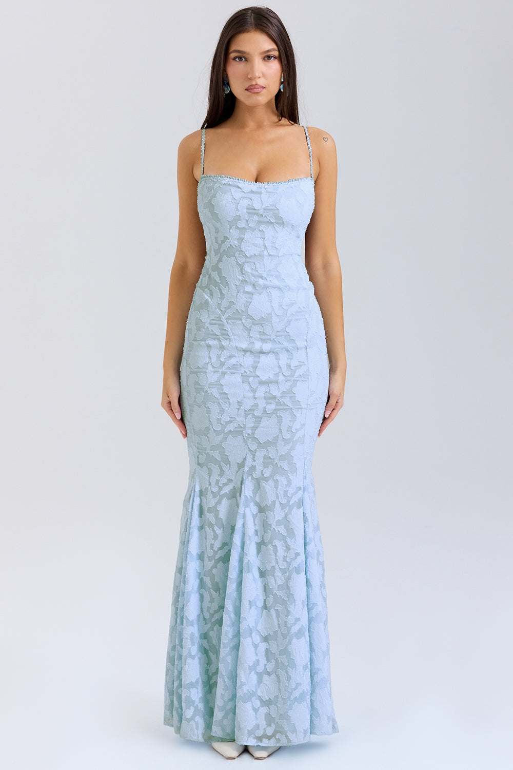 Maxi Chiffon Dress with Leaf Embroidery, Back Tie for Waist Fit - Mona Liz