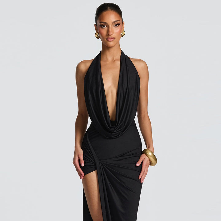 Maxi dress with back tie, open back, slit and ruching design - FANNY