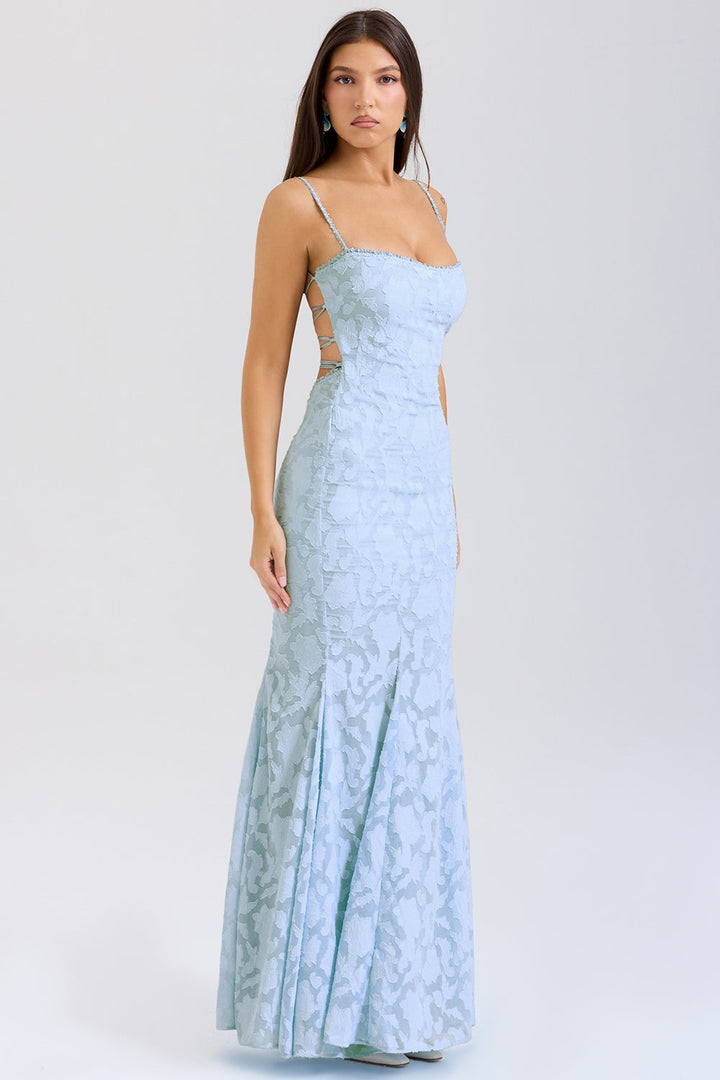 Maxi Chiffon Dress with Leaf Embroidery, Back Tie for Waist Fit - Mona Liz