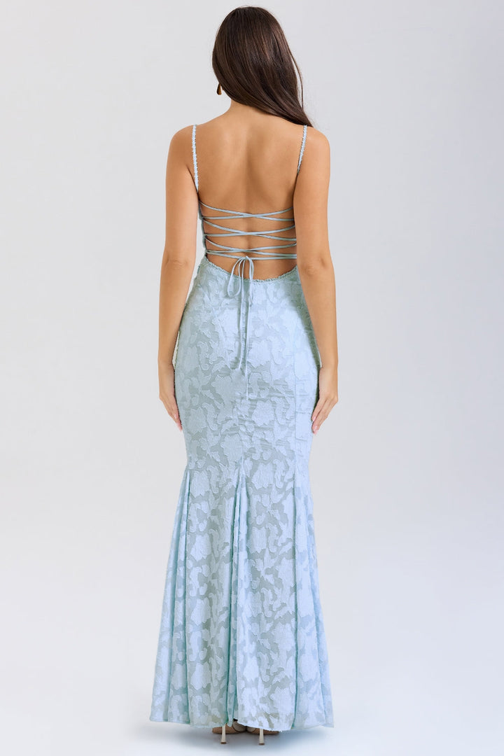 Maxi Chiffon Dress with Leaf Embroidery, Back Tie for Waist Fit - Mona Liz