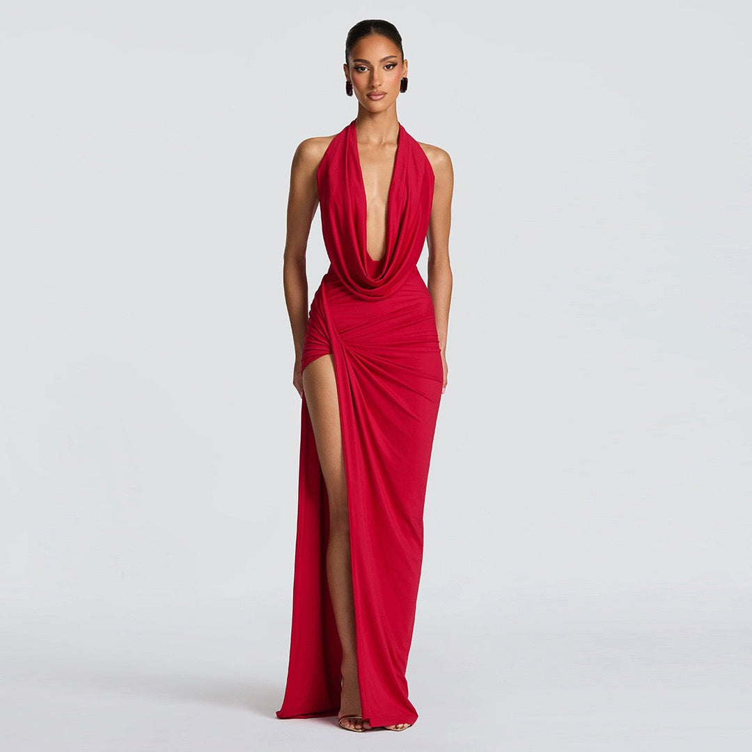 Maxi dress with back tie, open back, slit and ruching design - FANNY