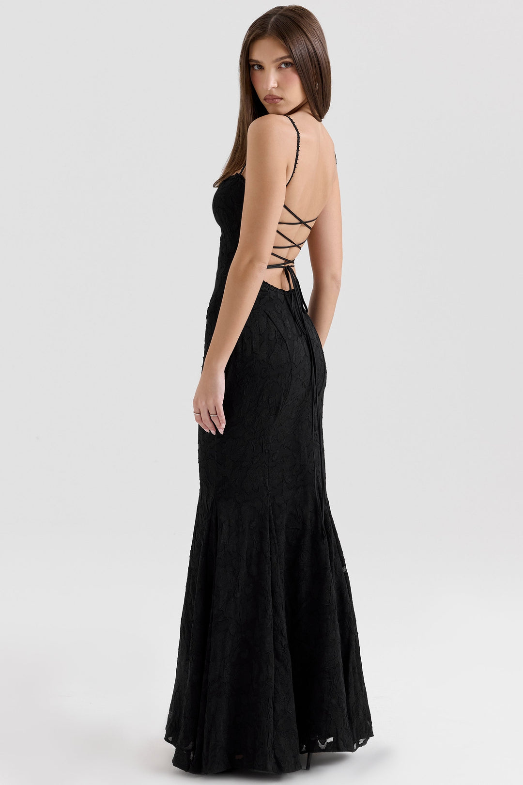 Maxi Chiffon Dress with Leaf Embroidery, Back Tie for Waist Fit - Mona Liz