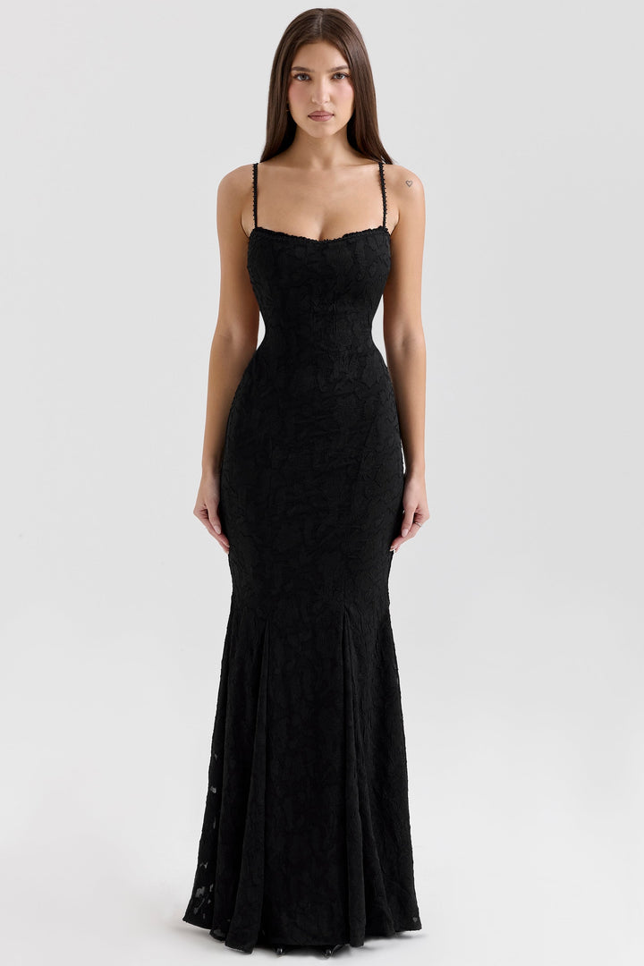 Maxi Chiffon Dress with Leaf Embroidery, Back Tie for Waist Fit - Mona Liz