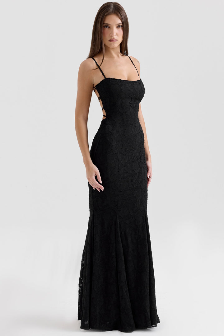 Maxi Chiffon Dress with Leaf Embroidery, Back Tie for Waist Fit - Mona Liz