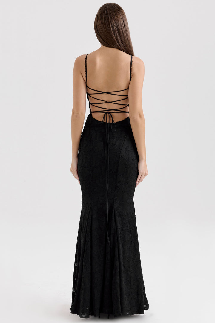 Maxi Chiffon Dress with Leaf Embroidery, Back Tie for Waist Fit - Mona Liz
